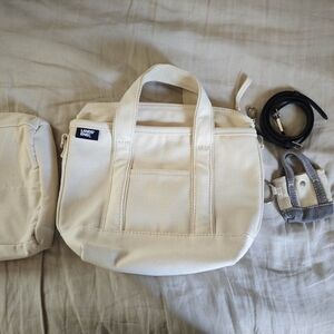 Lands' End Small Natural 3 Pocket Zip Top Canvas Tote Bag